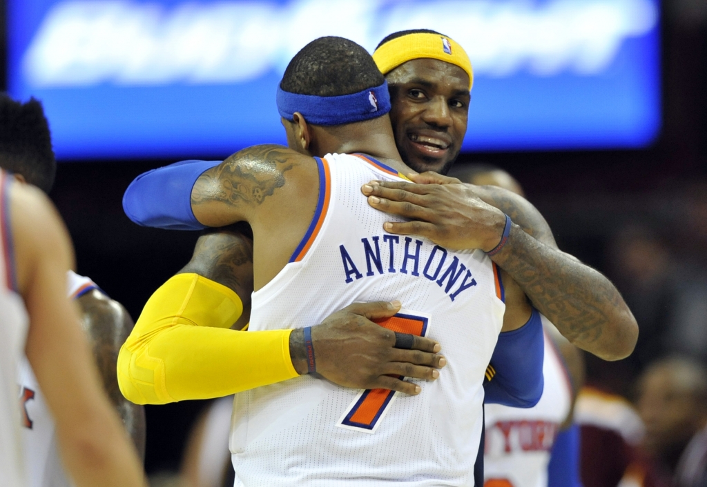 Oct 30 2014 Cleveland OH USA Cleveland Cavaliers forward Le Bron James hugs New York Knicks forward Carmelo Anthony after the Knicks&#039 95-90 win over the Cavaliers at Quicken Loans Arena. Mandatory Credit David Richard-USA TODAY Sports