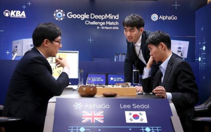 Lee Se-dol reviews the match after winning the fourth match over Google's artificial intelligence program Alpha Go in the Google Deep Mind Challenge Match in Seoul South Korea on March 13