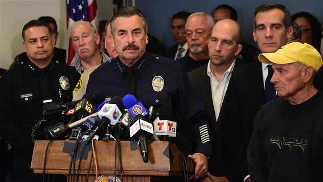 Los Angeles police chief Charlie Beck addresses the media in Los Angeles California