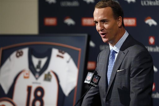 Denver Broncos quarterback Peyton Manning speaks during a news conference where he announced his retirement from professional football in Englewood Colo. Monday