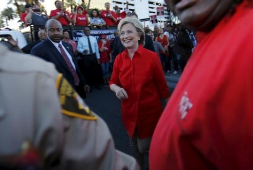 Democratic U.S. presidential candidate and former Secretary of State Hillary Clinton greets members of the culinary workers union local 226 after speaking at a demonstration outside the Trump Hotel in Las Vegas Nevada