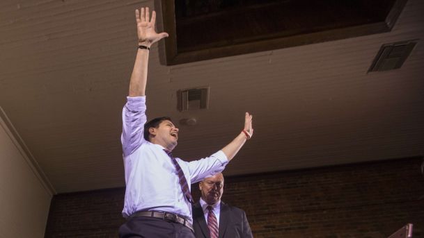 U.S. Republican presidential candidate Sen. Marco Rubio waves to supporters after speaking at the Palafox Wharf