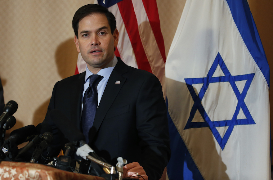 Marco Rubio speaking at a press conference about Israel at a synagogue in West Palm Beach Florida