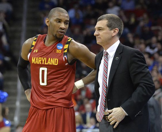 Turgeon talks with Rasheed Sulaimon during the second half of an NCAA college basketball game against Kansas in the regional semifinals of the men's NCAA Tournament in Louisville Ky. Thursday