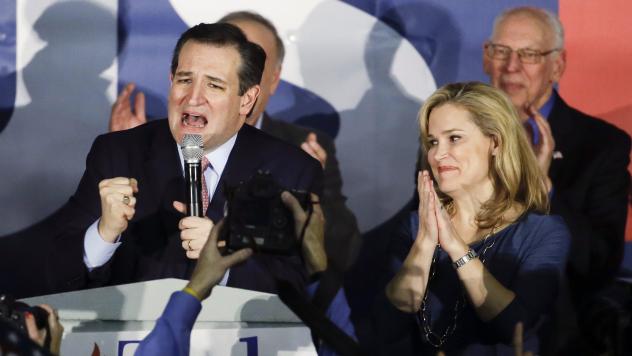 Republican presidential candidate Sen. Ted Cruz R-Texas speaks during a caucus night rally as his wife Heidi listens in February in Des Moines Iowa