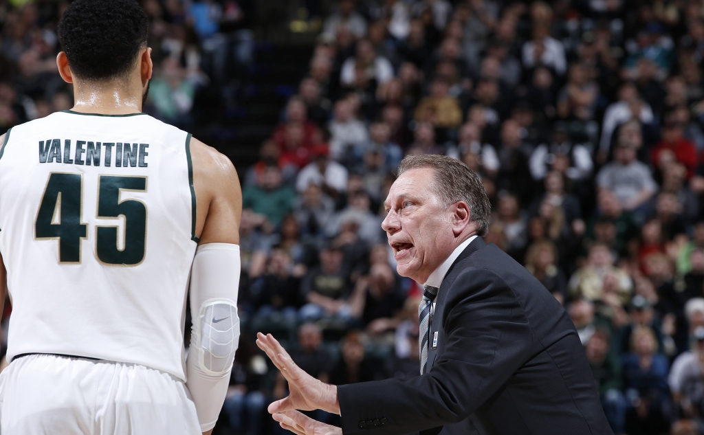 Michigan State forward Denzel Valentine left and coach Tom Izzo