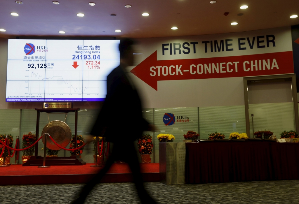 A man walks past a panel displaying the closing blue chip Shanghai Stock Exchange Index in Hong Kong