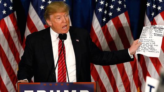 Republican U.S. presidential candidate Donald Trump holds up a CNN poll of voters nationally showing him in the lead while addressing a campaign rally in Portland Maine