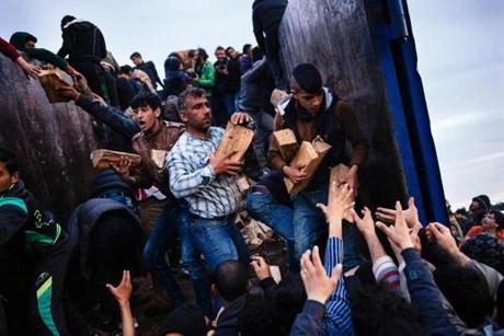 People rushed to get firewood in a makeshift camp at the Greek Macedonian border near the Greek village of Idomeni on Sunday