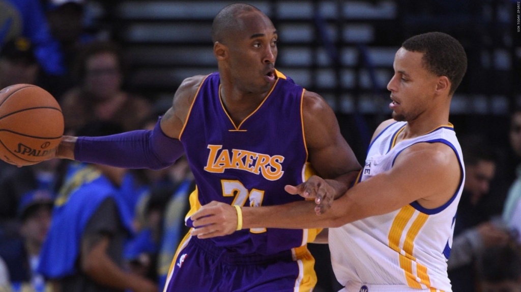 Lakers Kobe Bryant defended by Warriors Steph Curry