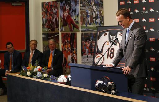 Denver Broncos quarterback Peyton Manning struggles to speak during his retirement announcement at team headquarters Monday