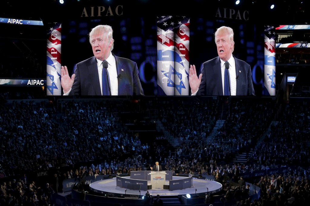 Republican presidential candidate Donald Trump addresses the American Israel Public Affairs Committee afternoon general session in Washington D.C