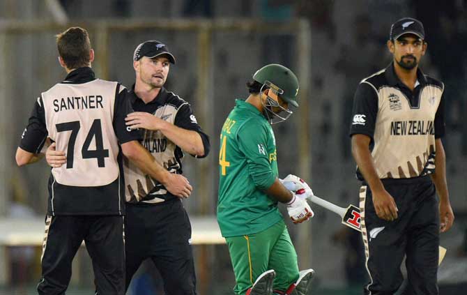 New Zealand players celebrate win over Pakistan in the ICC World T20 match in Mohali on Tuesday