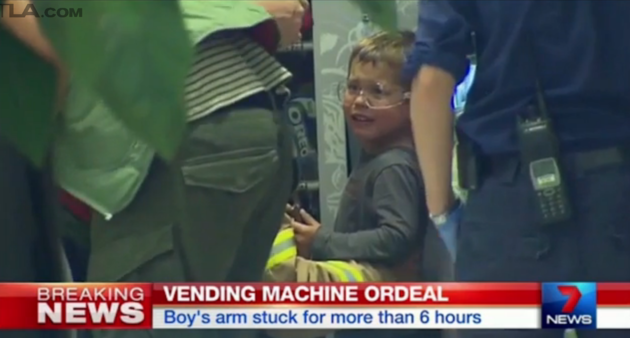 7News
A 4-year-old boy's arm became trapped inside of a vending machine for six hours on Sunday