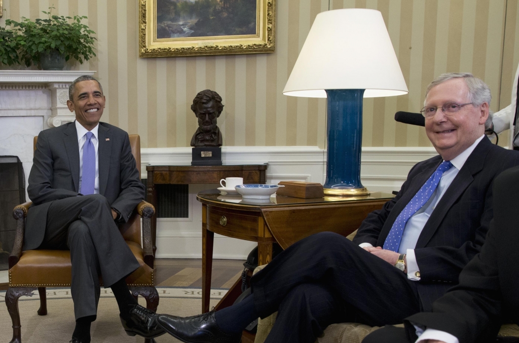 President Barack Obama and Senate Majority Leader Mitch Mc Connell of Ky. are seen in the Oval Office of the White House in Washington on Tuesday during a meeting to discuss the vacancy in the Supreme Court