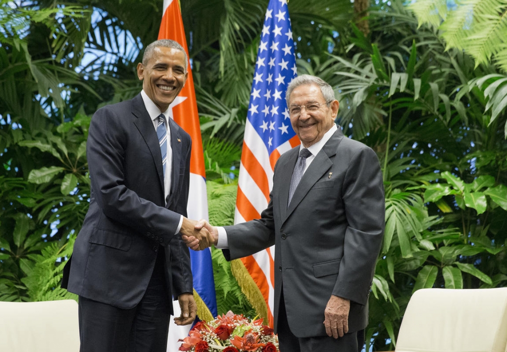 President Barack Obama shakes hands with Cuban President Raul Castro shake during their meeting at the Palace of the Revolution Monday March 21 in Havana Cuba