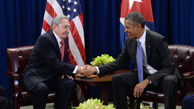 U.S. President Barack Obama and President Raul Castro of Cuba shake hands during a bilateral meeting at the United Nations Headquarters