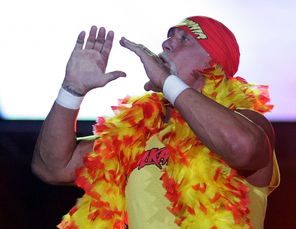 PERTH AUSTRALIA- NOVEMBER 24 Hulk Hogan enters the stage prior to his bout against Ric Flair during the Hulkamania Tour at the Burswood Dome