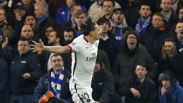 PSG's Zlatan Ibrahimovic celebrates scoring his side's second goal against Chelsea