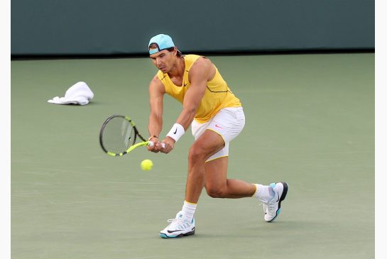 Rafael Nadal practices for the Miami Open Tennis tournament. He plays his opening match Saturday against Damir Dzumhur