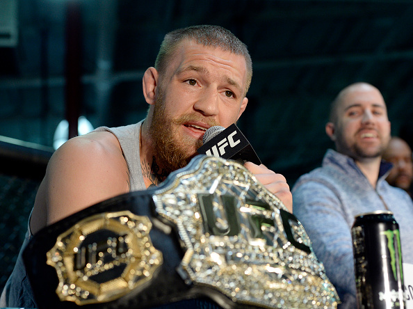 TORRANCE CA- FEBRUARY 24 UFC featherweight champion Conor Mc Gregor speaks during a news conference with lightweight contender Nate Diaz at UFC Gym