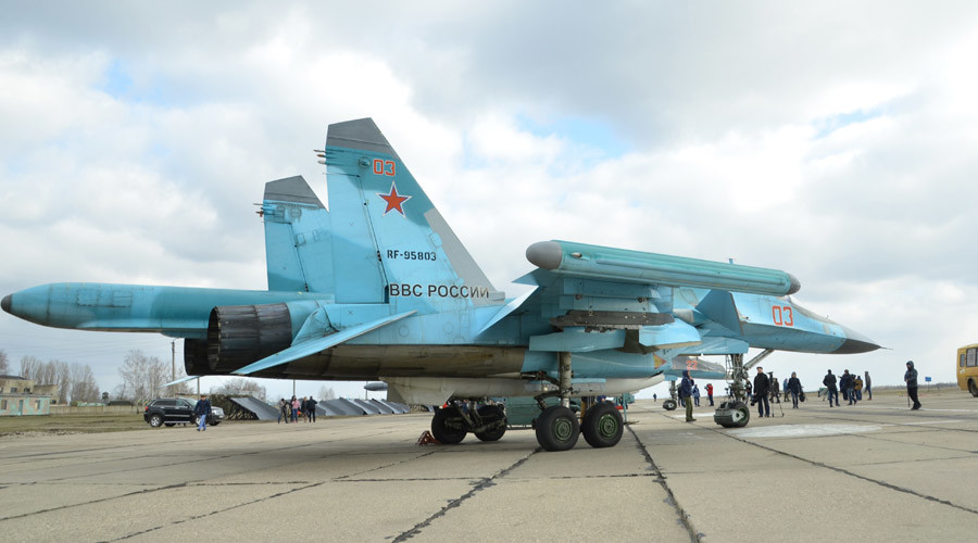 Pilots of Russian Su-34 bomber jets from Syria welcomed home at an airbase in Voronezh region