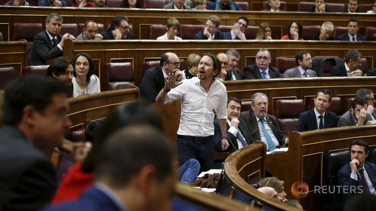 Podemos party leader Pablo Iglesias gestures during an investiture debate at parliament in Madrid Spain