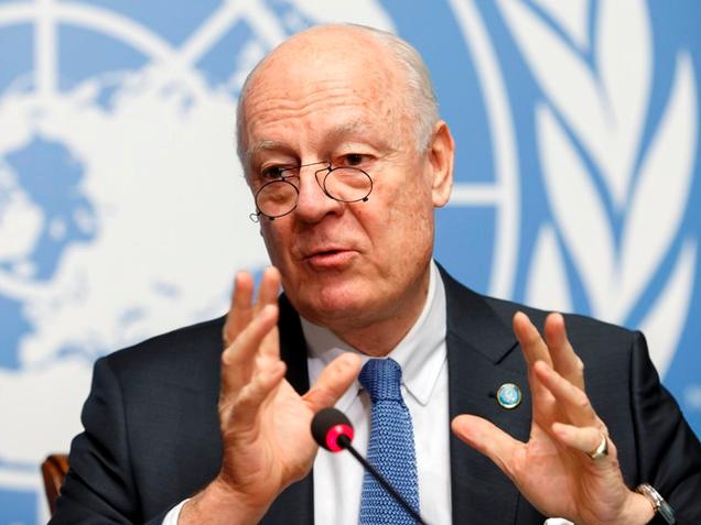 U.N. Special Envoy of the Secretary General for Syria Staffan de Mistura, informs the media at the European headquarters of the United Nations in Geneva Switzerland on Monday