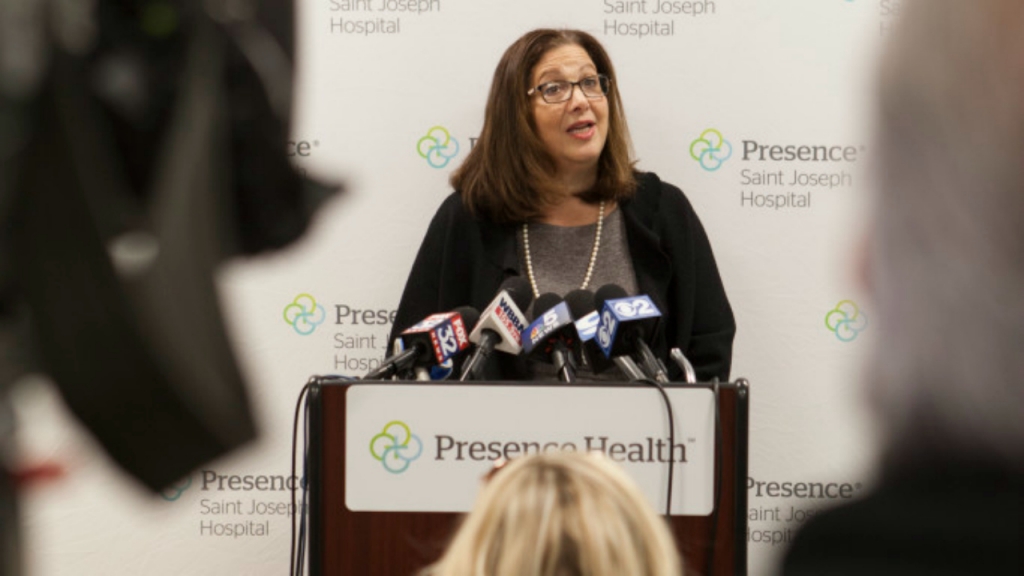 Presence Saint Joseph Hospital CEO Dr. Roberta Luskin Hawk speaks at a press conference Monday morning. | Provided