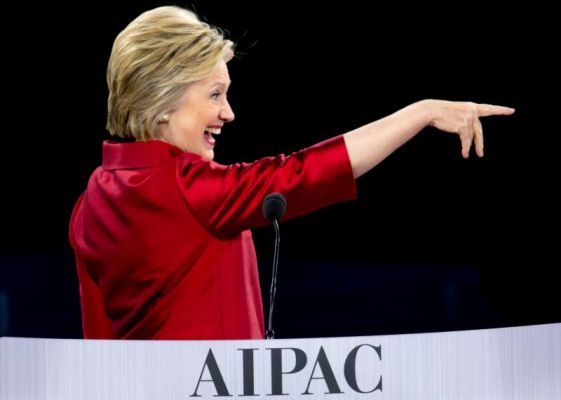 Democratic presidential candidate Hillary Clinton points after speaking