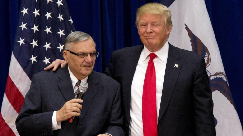 Donald Trump is joined by Maricopa County Ariz. Sheriff Joe Arpaio at a campaign event in Marshalltown Iowa