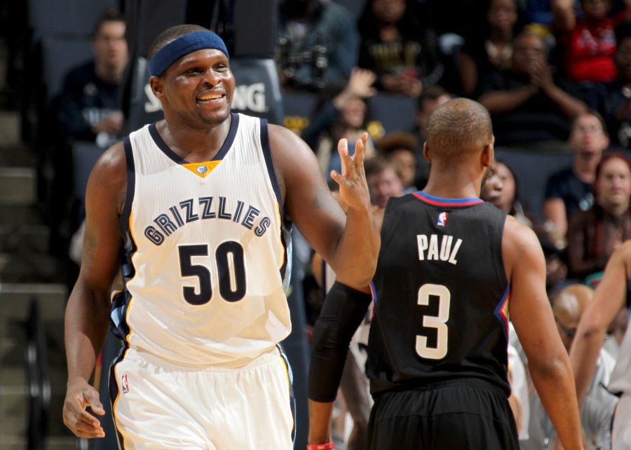 Memphis Grizzlies Zach Randolph celebrates his strong start during the first quarter against the Los Angeles Clippers at FedExForum. Randolph earned his first career triple-double with 28 points 11 rebounds and 10 assists and the Griz