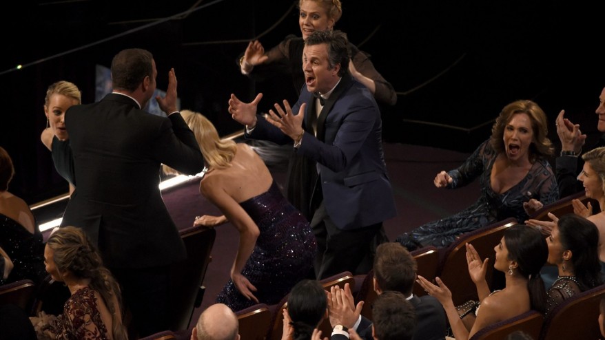 Michael Keaton fist pumps his way to the stage as Spotlight wins Best Picture Oscar