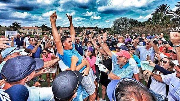 Rickie Fowler celebrates his incredible effort