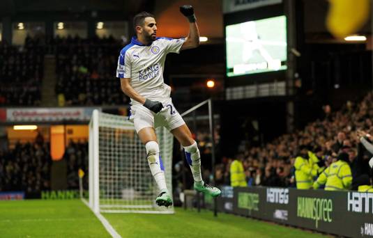 Riyad Mahrez celebrates after scoring the winning goal for Leicester against Watford last night