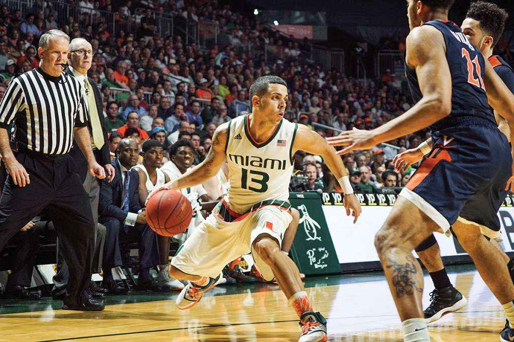 Redshirt senior guard Angel Rodriguez scans the court during the Hurricanes’ win over Virginia in February at the Bank United Center. Rodriguez scored a career-high 28 points in the Canes’ victory over Wichita State in the Round of 32 Saturday aft