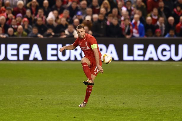 Jordan Henderson of Liverpool during the UEFA Europa League Round of 16 first leg match between Liverpool and Manchester United