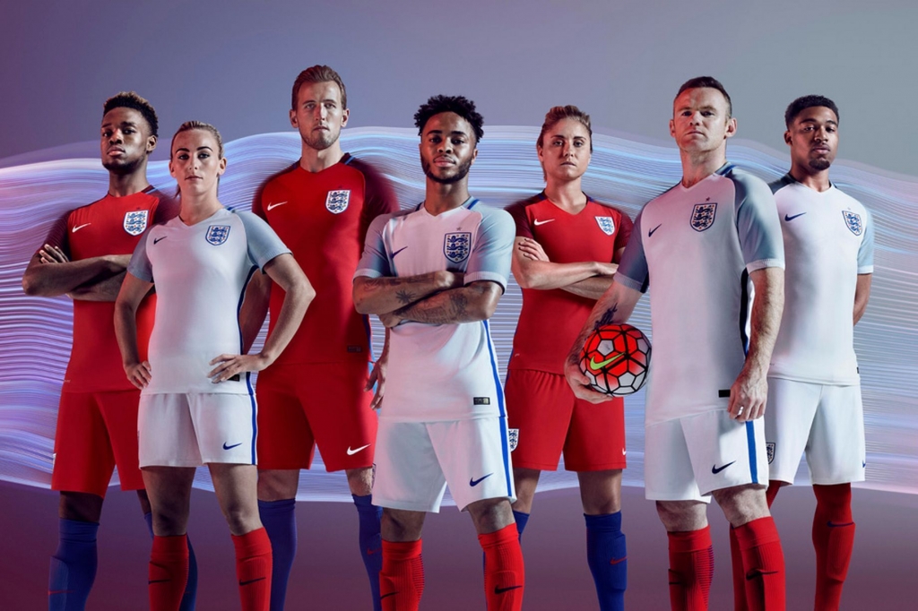 England's Josh Onomah Toni Duggan Harry Kane Raheem Sterling Steph Houghton Wayne Rooney and Jordon Ibe pose in the new Nike home and away strips