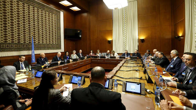 An overview of the room where U.N. mediator for Syria Staffan de Mistura and the Syrian delegation lead by Syrian Ambassador to the U.N. Bashar al Jaafari opened the Syrian peace talks at the United Nations European headquarters in Geneva Switzerland Ja