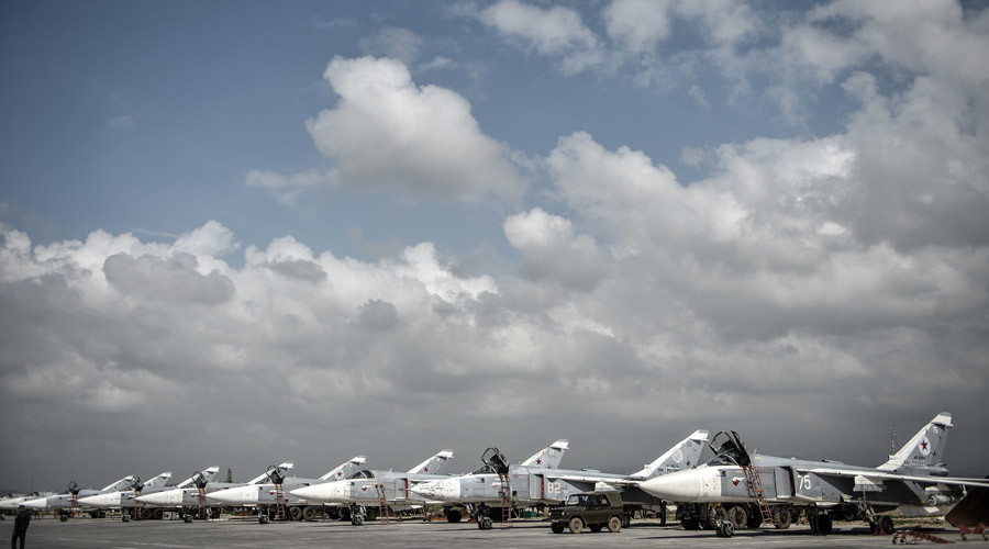 Russian Su-24 tactical bombers at the Hmeimim airbase in the Latakia Governorate of Syria