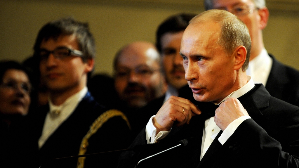 Russian's Vladimir Putin makes a speech in 2009 after receiving an award in Dresden Germany where he served as a KGB officer during the Cold War