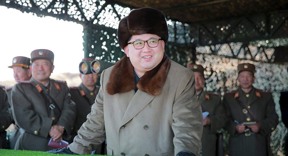 North Korean leader Kim Jong Un watches landing and anti-landing exercises being carried out by the Korean People's Army at an unknown location in this undated