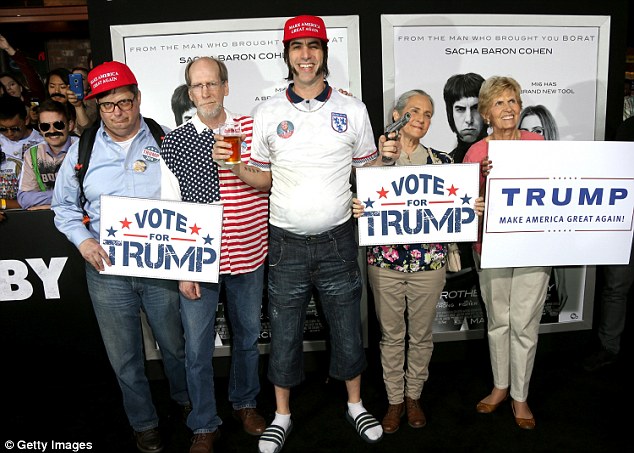 Sacha Baron Cohen's fictional character Nobby dressed in a replica England football shirt and socks with sandals endorsed Donald Trump for president referring to him as the'ultimate football hooligan