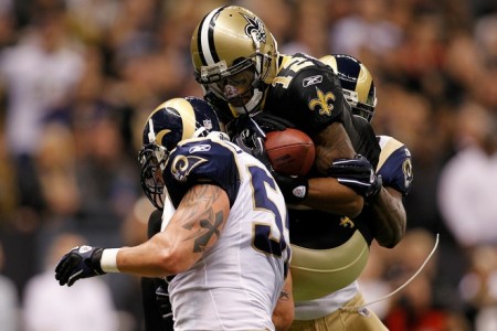 Dec 12 2010 New Orleans LA USA New Orleans Saints wide receiver Marques Colston is tackled by St. Louis Rams linebacker James Laurinaitis during the second half of a game at the Louisiana Superdome. Mandatory Credit Derek E. Hingle – US PRESS