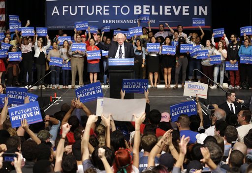 Democratic presidential candidate Sen. Bernie Sanders I-Vt. speaks during a campaign rally as his supporters cheer him on Tuesday