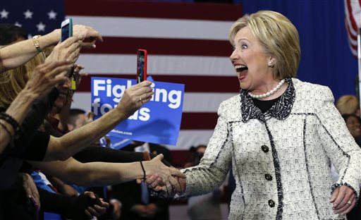 Democratic presidential candidate Hillary Clinton greets supporters at her election night watch party after winning the South Carolina Democratic primary in Columbia S.C. Saturday Feb. 27 2016