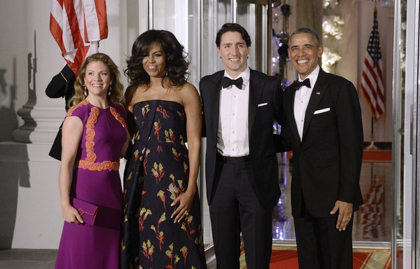 First Lady Sophie Trudeau of Canada First Lady Michelle Obama Prime Minister Justin Trudeau of Canada and President Barack Obama pose at the North Portico of the White House