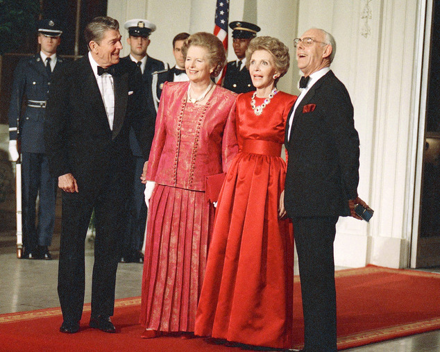 President Ronald Reagan left and first lady Nancy Reagan second right appear with British Prime Minister Margare