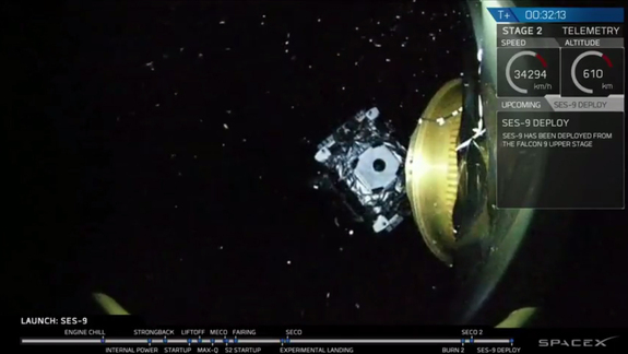 The SES-9 communications satellite separates from the upper stage of SpaceX's Falcon 9 rocket in this view from an onboard camera beamed to Earth during a live webcast of the successful launch