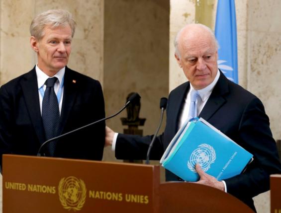 Staffan de Mistura United Nations Special Envoy for Syria arrives with his special advisor Jan Egeland for a news conference after a meeting of the Task Force for Humanitarian Access at the U.N. in Geneva Switzerland